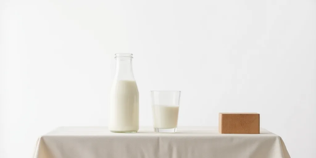 a glass jar of milk on a table with a cloth and a wooden block of wood on the side, Byeon Sang-byeok