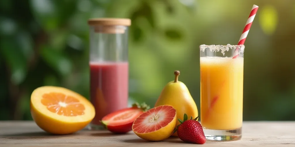 a glass of a fruit smoothie next to a cut up fruit on a table with a straw in it, Cui Bai, blender,
