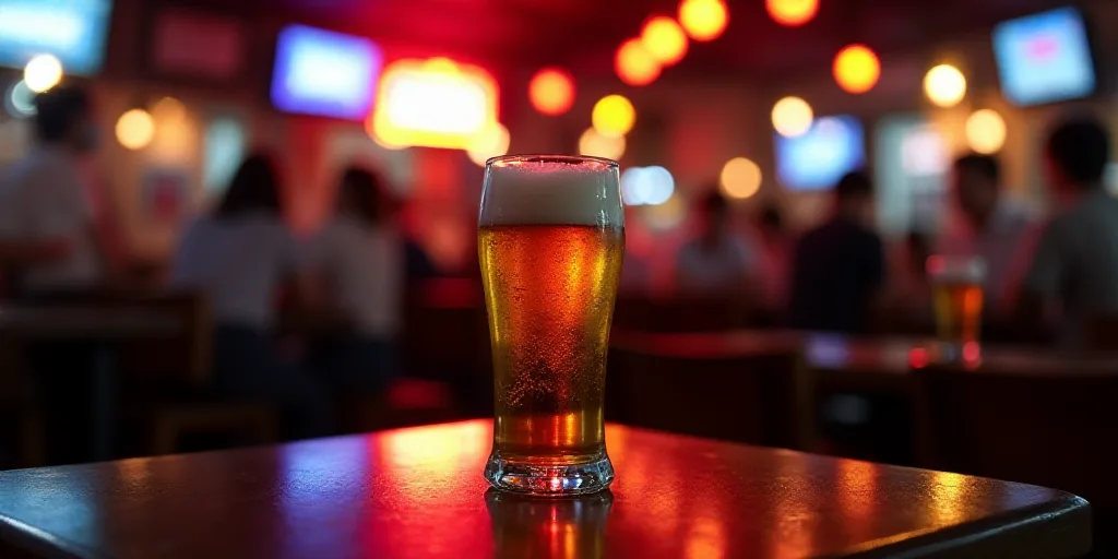 a glass of beer sitting on top of a table in a bar with people in the background and a neon sign, Ca