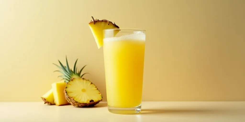 a glass of pineapple juice with a pineapple slice and a pineapple on the side of it, Byeon Sang-byeo