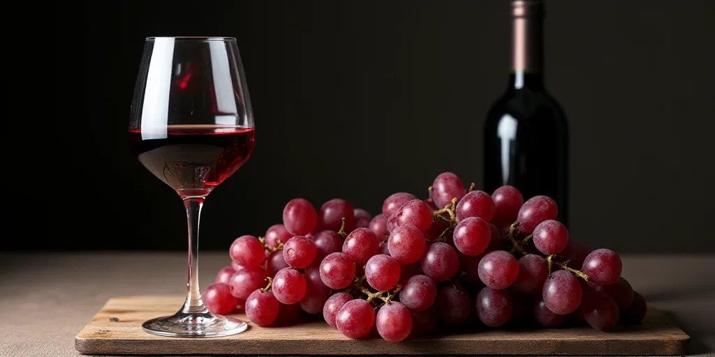 a glass of wine and a bunch of grapes on a table with a bottle of wine and a glass of wine, Cao Zhib