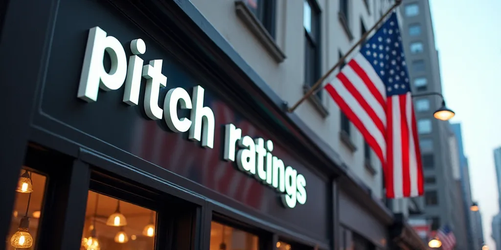 a glass sign that reads pitch ratingss on it's side of a building with an american flag, Florence En