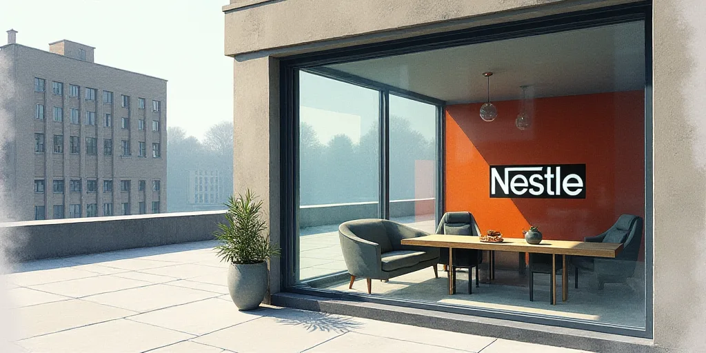 a glass window with a logo of nestle on it's side and a building in the background, Évariste Vital