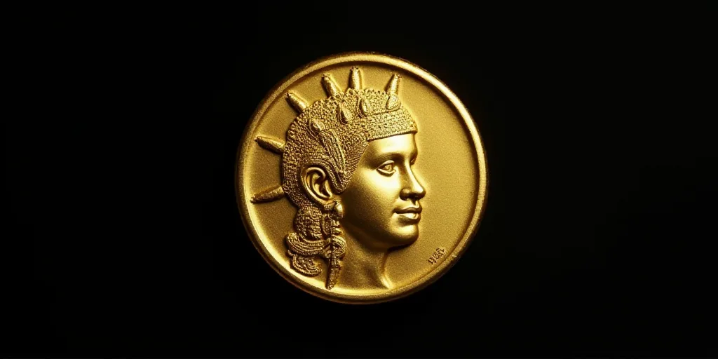 a gold coin with a face on it, on a black background, with a black background and a black background