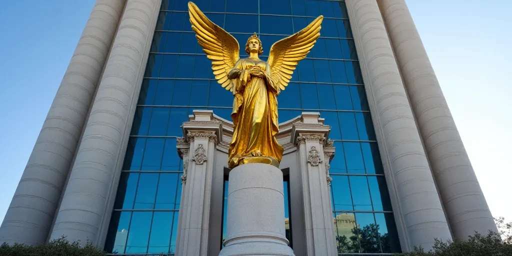 a gold statue of a winged angel on a pedestal in front of a building with a blue glass facade, David