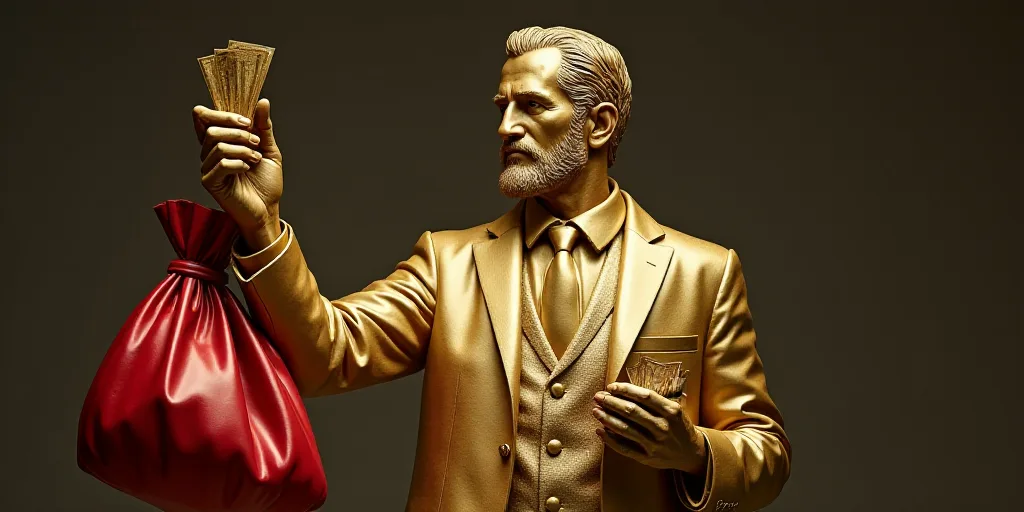 a golden statue of a person holding a bag of money in his hand and a red bag in his other hand, Avgu