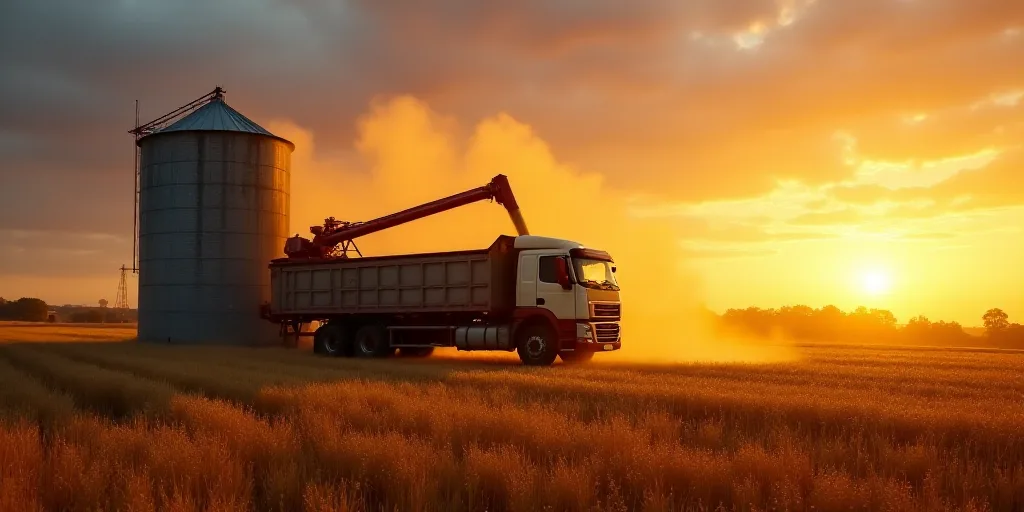 a grain mill pouring grain into a large truck bed in a field at sunset or sunrise time, with a grain