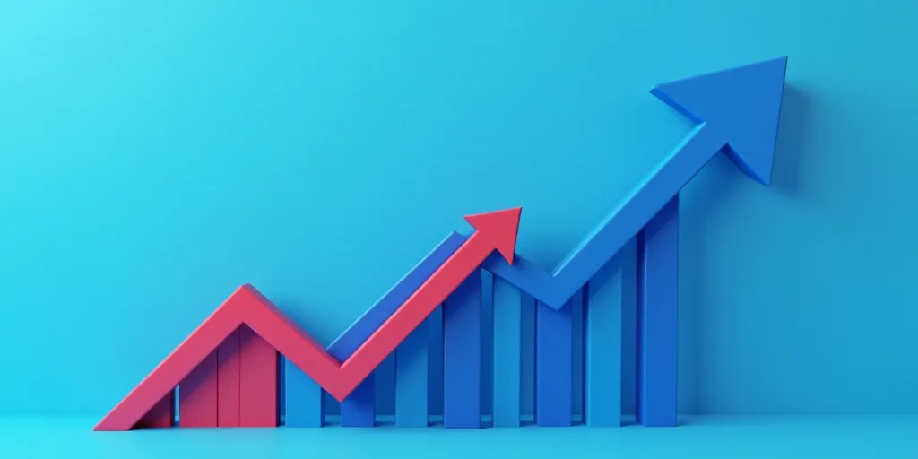 a graphic of a rising arrow with a falling graph behind it and a blue background with a blue and red