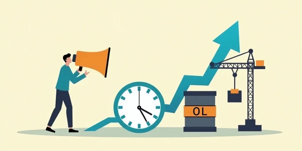 a graphic with a clock, a bullhorn, a crane, and a barrel of oil with a blue arrow pointing up, Dieg