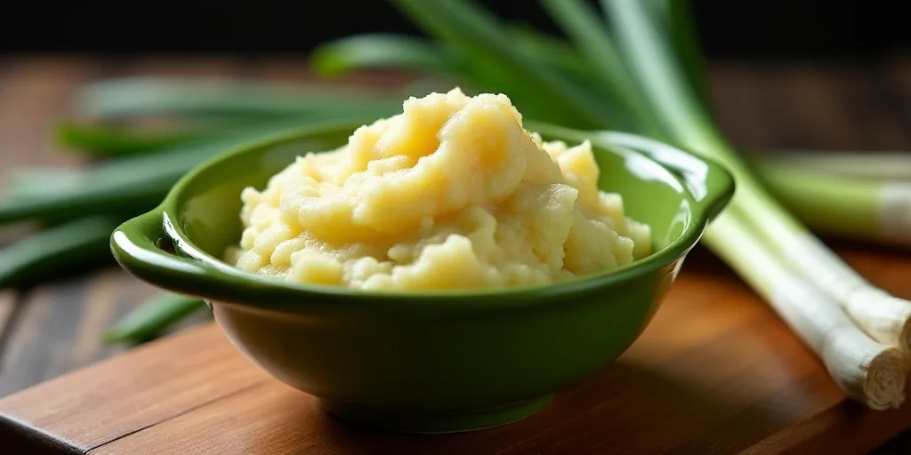 a green bowl filled with mashed potatoes on a cutting board next to green onions and green onions on