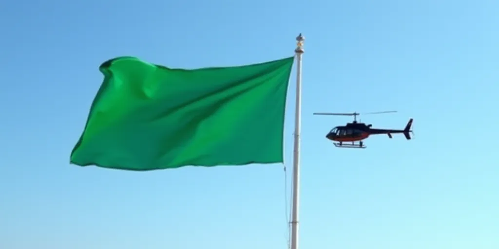 a green flag flying in the air with a helicopter nearby on a clear day with a blue sky behind it, Ah