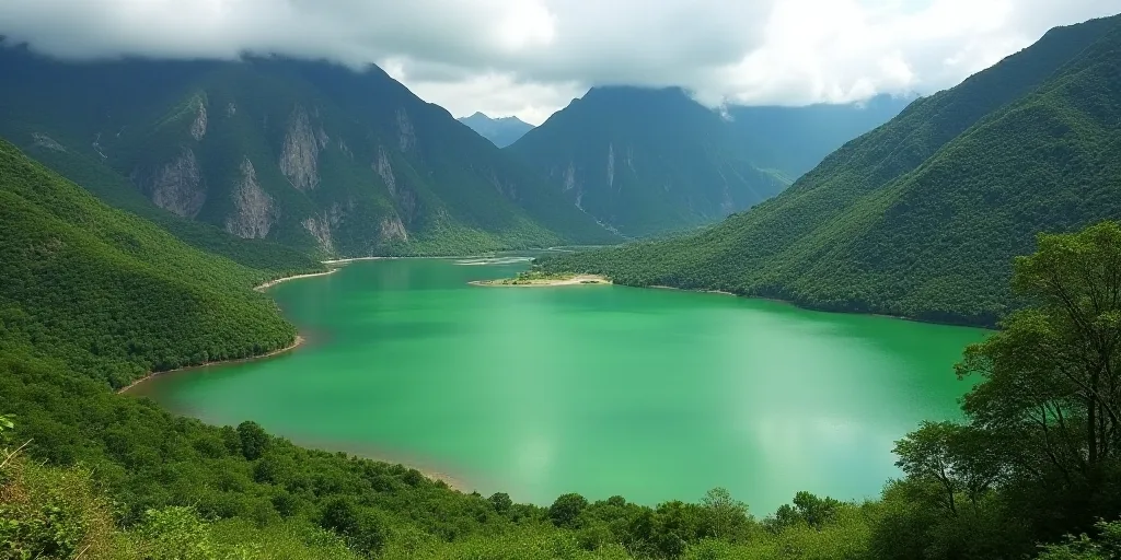a green lake surrounded by mountains and a mountain range in the background with a green substance i