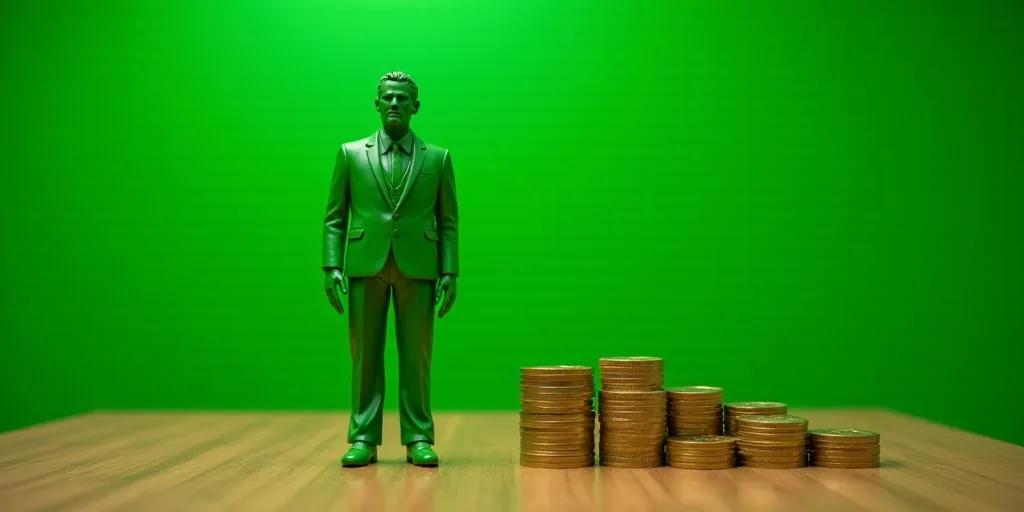 a green man standing next to a stack of gold coins on a wooden table with a green background and a g