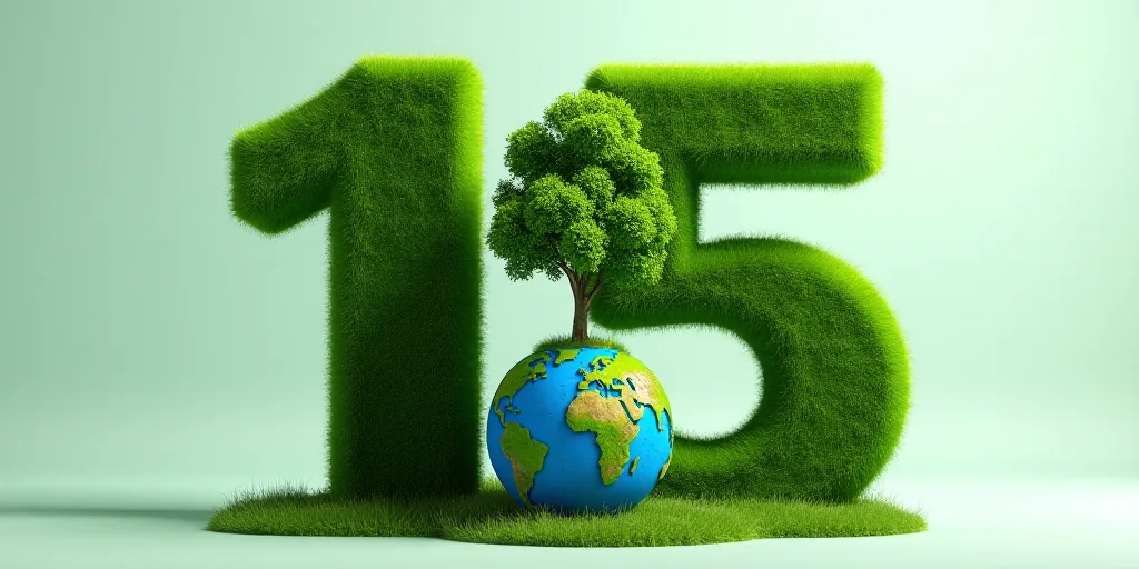 a green number fifteen with a small tree in it's center and a blue earth in the middle, Chris LaBroo