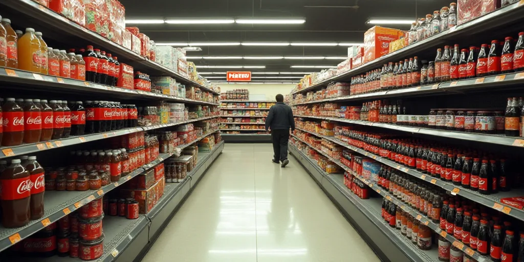 a grocery store aisle with a variety of drinks on display in the aisle and a man walking by the aisl