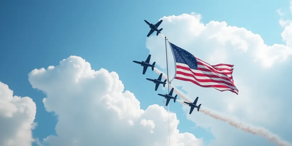 a group of airplanes flying in formation with an american flag flying in the background and a blue s