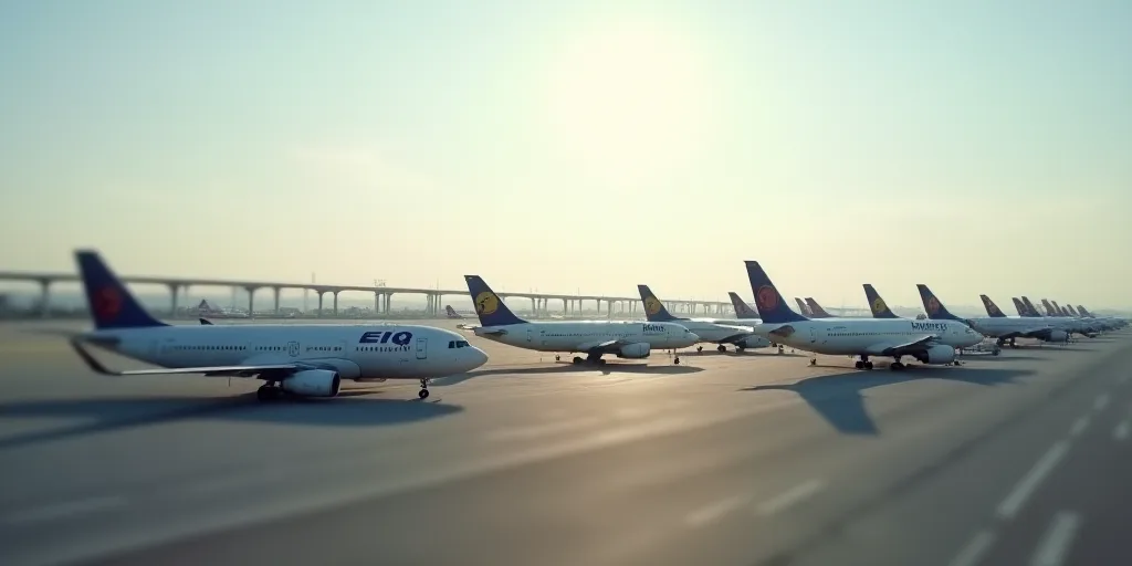 a group of airplanes parked on a runway at an airport with a bridge in the background in the backgro