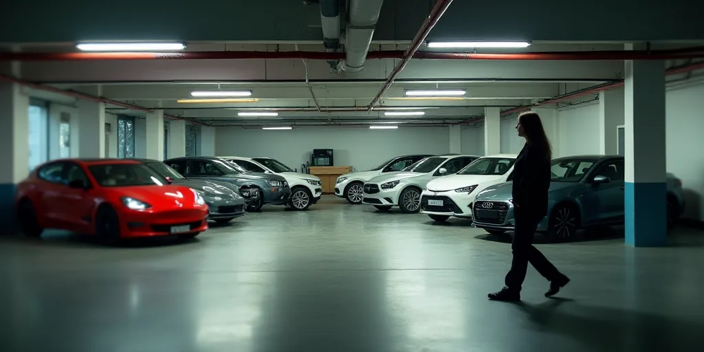 a group of cars parked in a garage next to each other in a building with a woman walking by, Artur G
