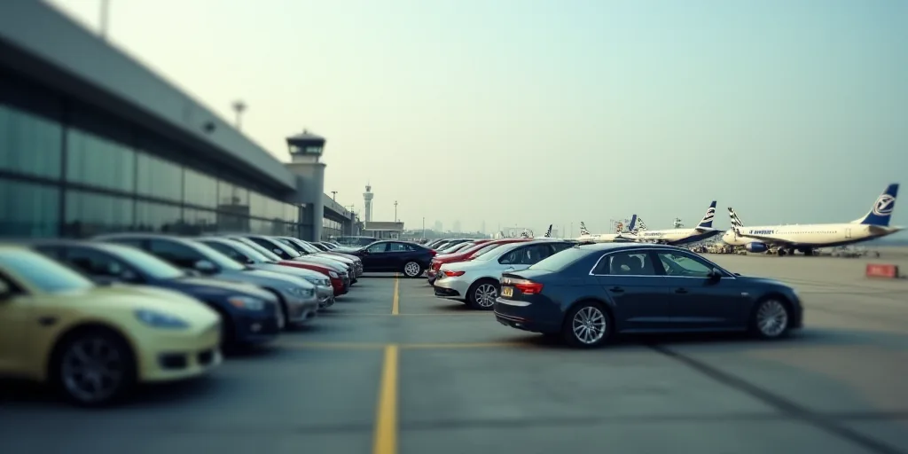 a group of cars parked next to an airport terminal with planes on the tarmac and on the tarmac, Ei-Q