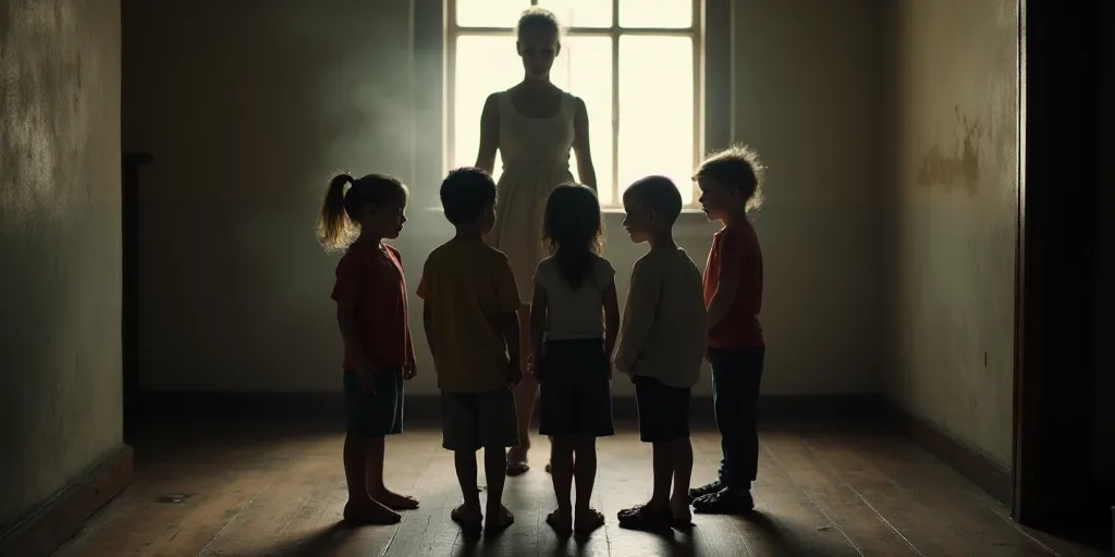 a group of children standing around each other in a room with a woman standing behind them and a man