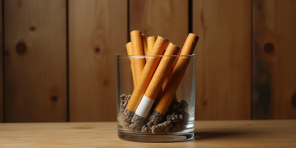 a group of cigarettes stacked on top of each other in a glass container on a table next to a wooden