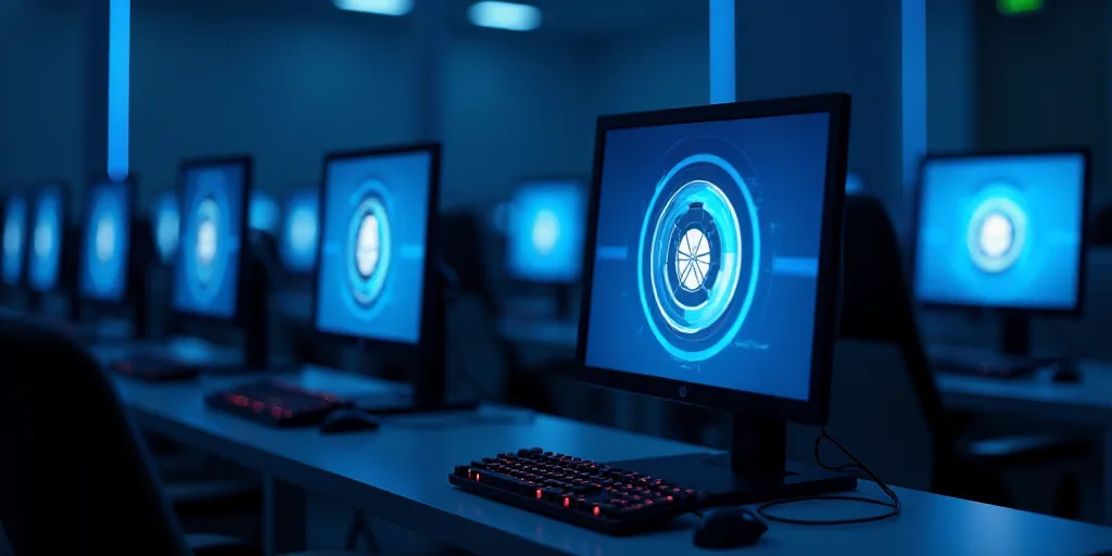 a group of computers sitting next to each other in a room with a logo on the screen and a blue light