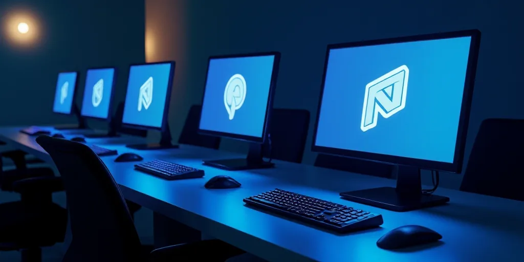 a group of computers sitting next to each other in a room with a logo on the screen and a blue light