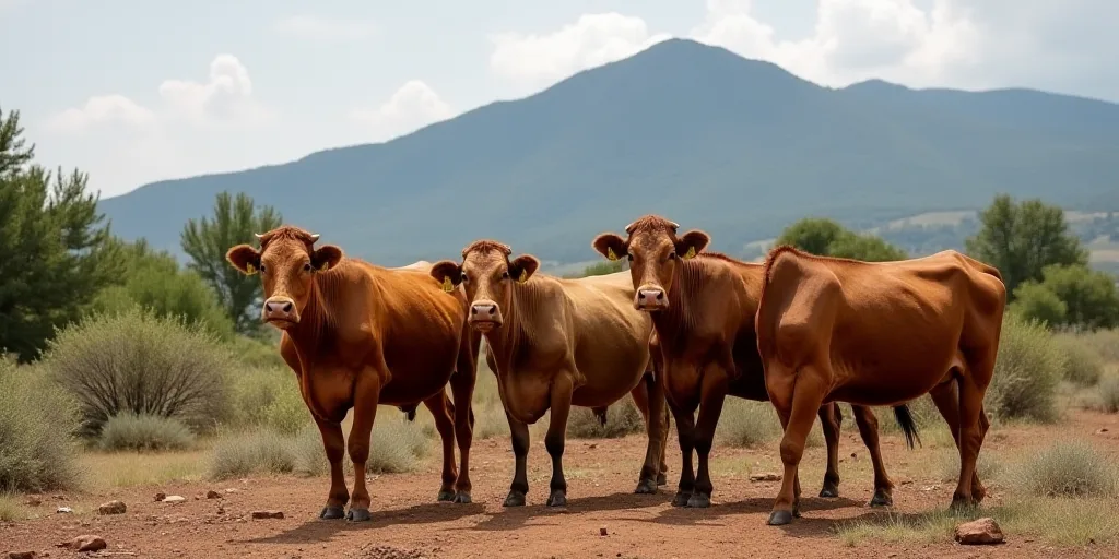 a group of cows standing in a dirt field with a mountain in the background with trees and bushes in