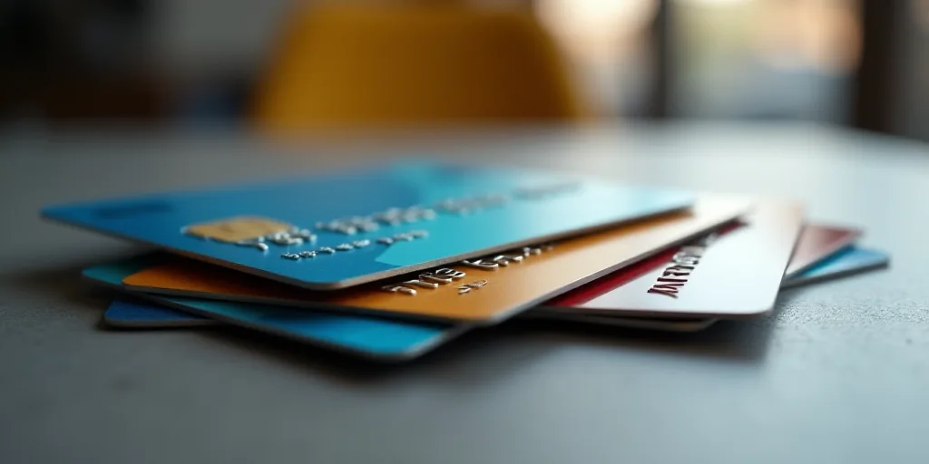 a group of credit cards sitting on top of each other on a table with a blurry background of the cred