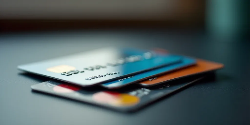 a group of credit cards sitting on top of each other on a table with a blurry background of the cred