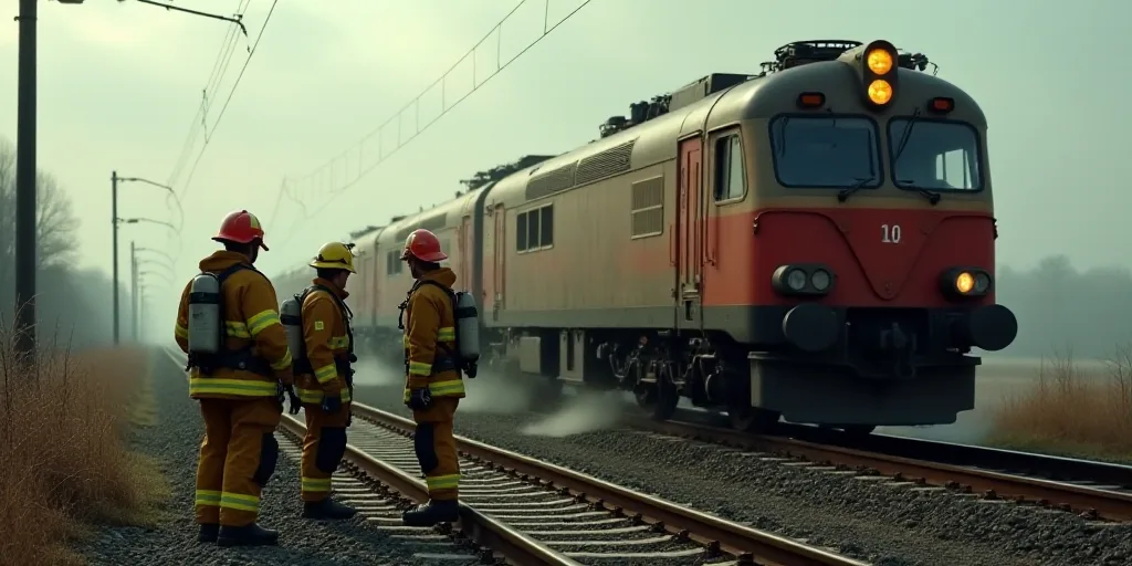 a group of firefighters standing next to a train on a track with a broken down train car in the back