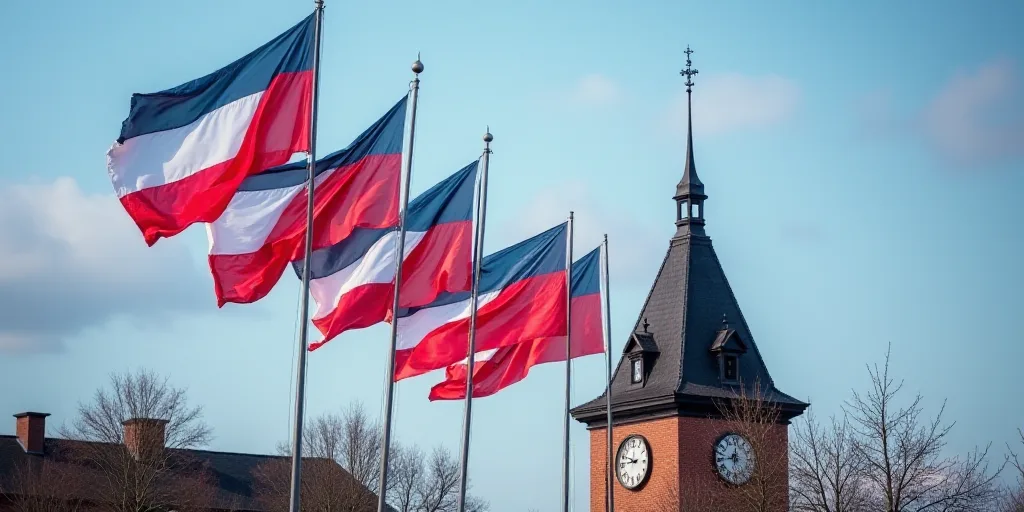 a group of flags flying in the wind outside a building with a clock on it's side and a flag on the o