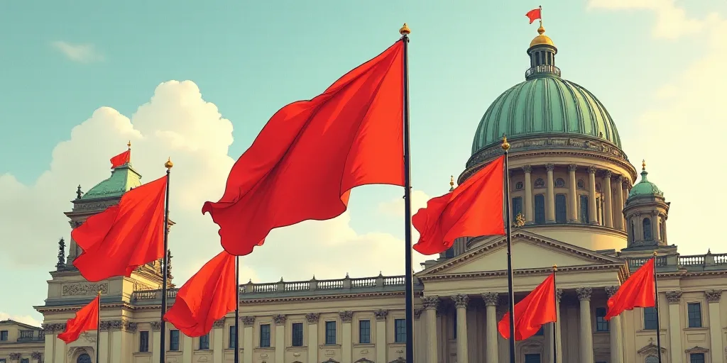 a group of flags flying in the wind in front of a building with a dome in the background and a dome