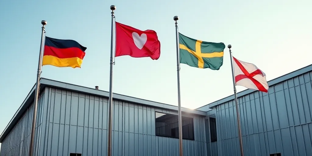 a group of flags flying in the wind outside a building with a flag on it's pole and a flag on the ot