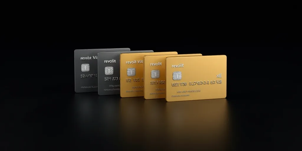 a group of four credit cards sitting next to each other on a black background with the words revolit