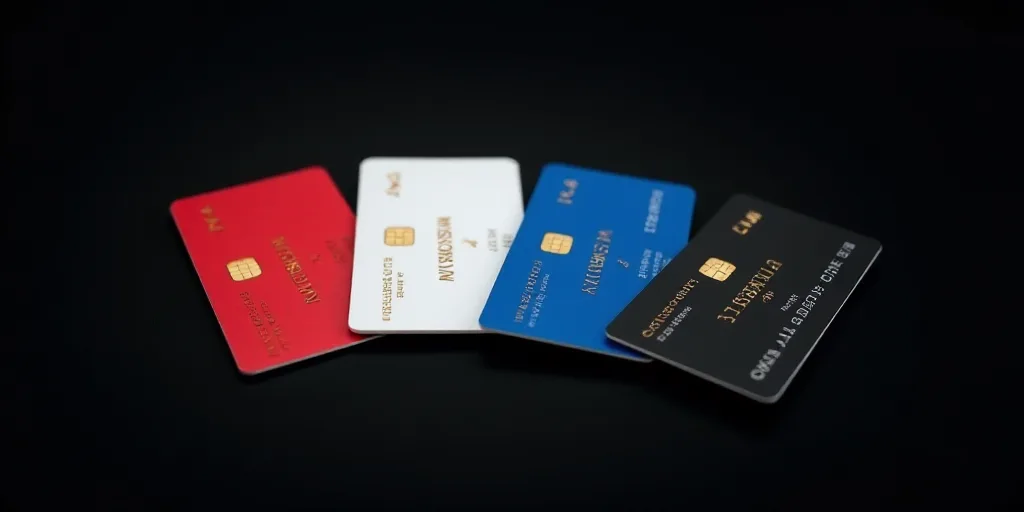 a group of four credit cards sitting next to each other on a black background with a red, white, and