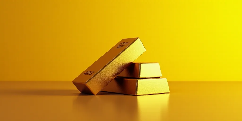 a group of gold and silver bars sitting on top of each other on a table with a yellow background, An