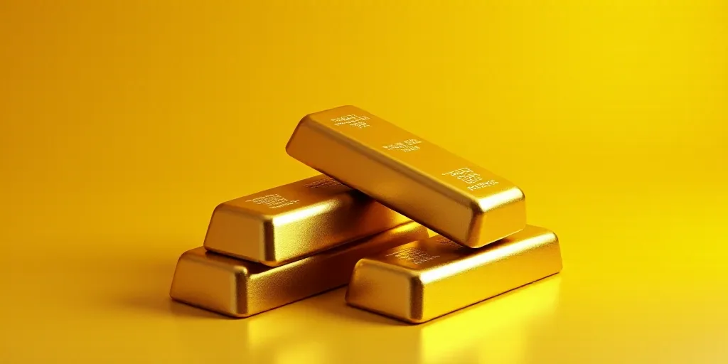 a group of gold and silver bars sitting on top of each other on a table with a yellow background, An