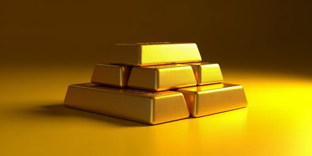 a group of gold bars sitting on top of each other in front of a yellow background with a black backg