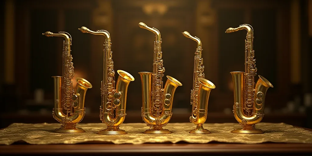 a group of golden musical instruments sitting on top of a table next to each other on a table top, A