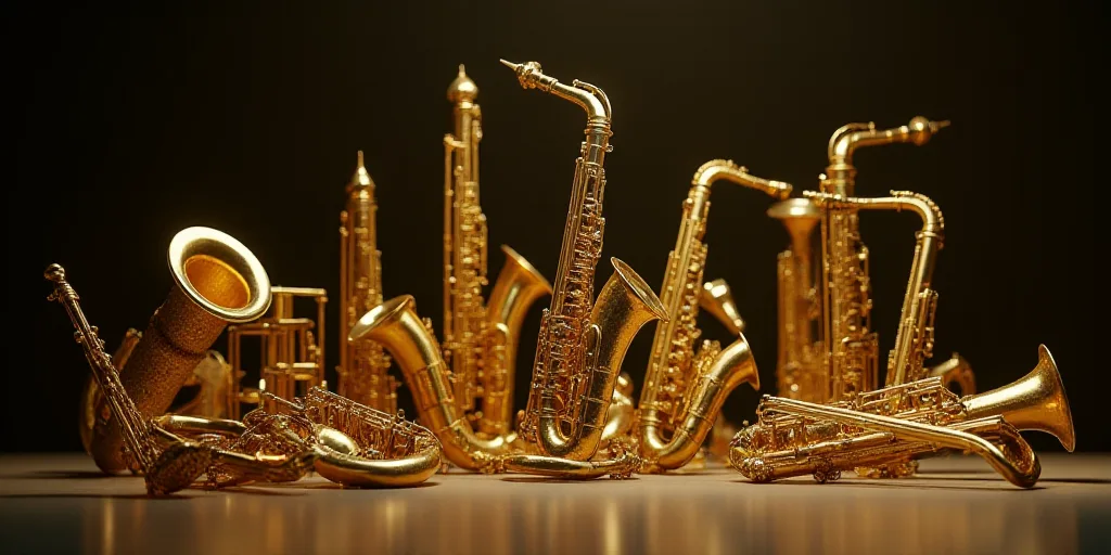 a group of golden musical instruments sitting on top of a table next to each other on a table top, A