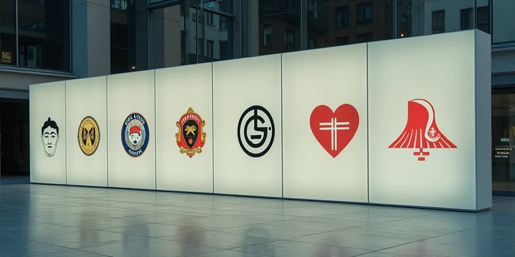 a group of logos are displayed on a wall in a building in a city, with a large glass window behind t