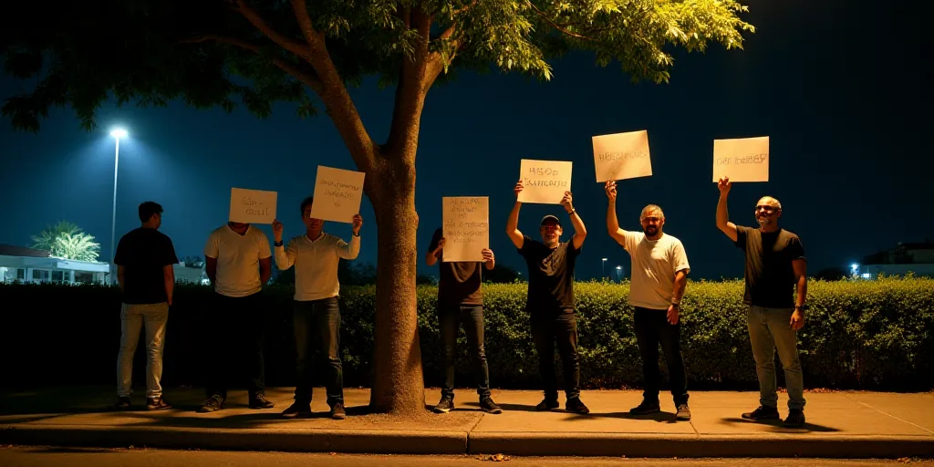 a group of men holding signs standing on a sidewalk next to a tree and bushes at night time,, Federi