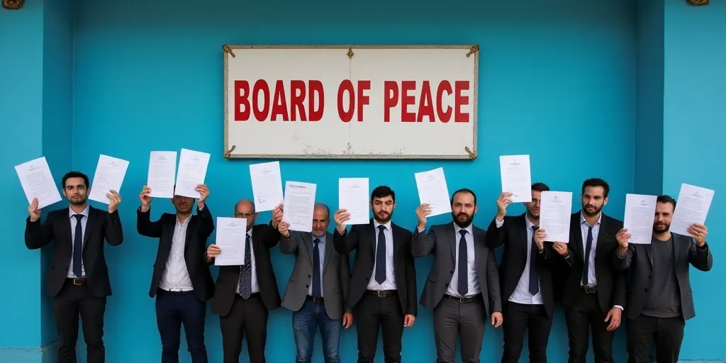 a group of men holding up papers in front of a blue wall with a sign that says board of peace, Dahlo