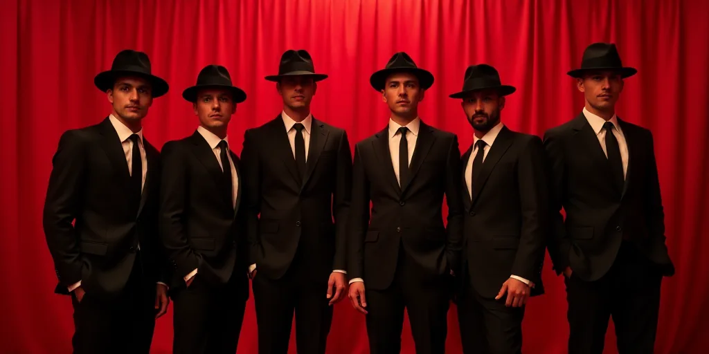 a group of men in suits and hats posing for a picture together in a red room with a red curtain, Fed