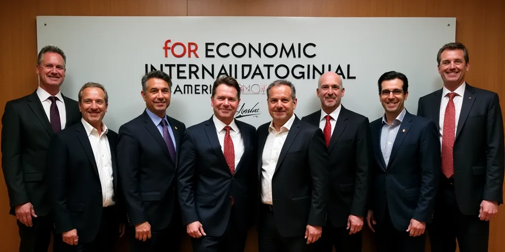 a group of men in suits and ties standing together in front of a sign with the words for economic in