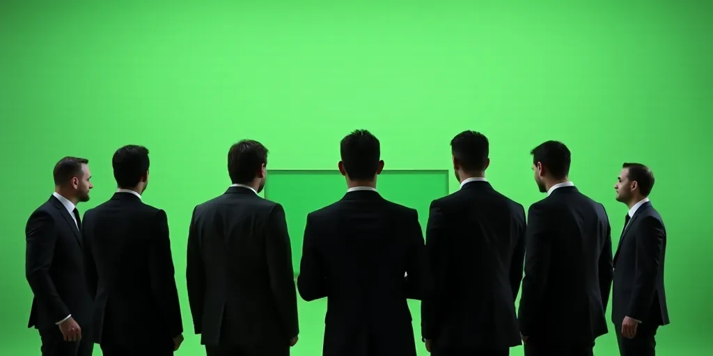 a group of men in suits and ties standing in front of a green screen with a sign behind them, Estuar