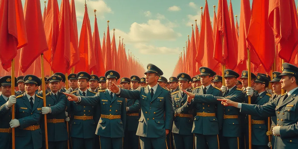 a group of men in uniform holding flags and pointing to the side of the camera with one man in the m