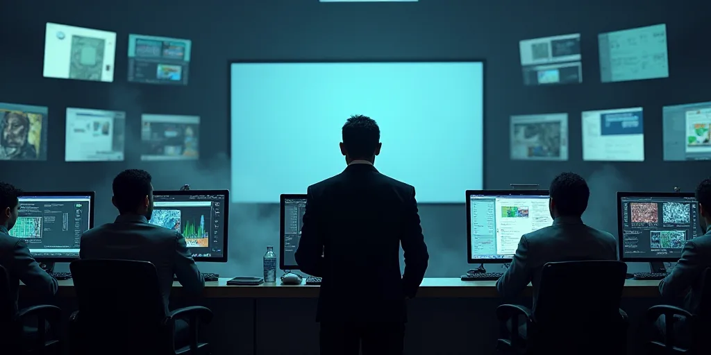 a group of men sitting at a desk in front of monitors and televisions with a man standing in front o