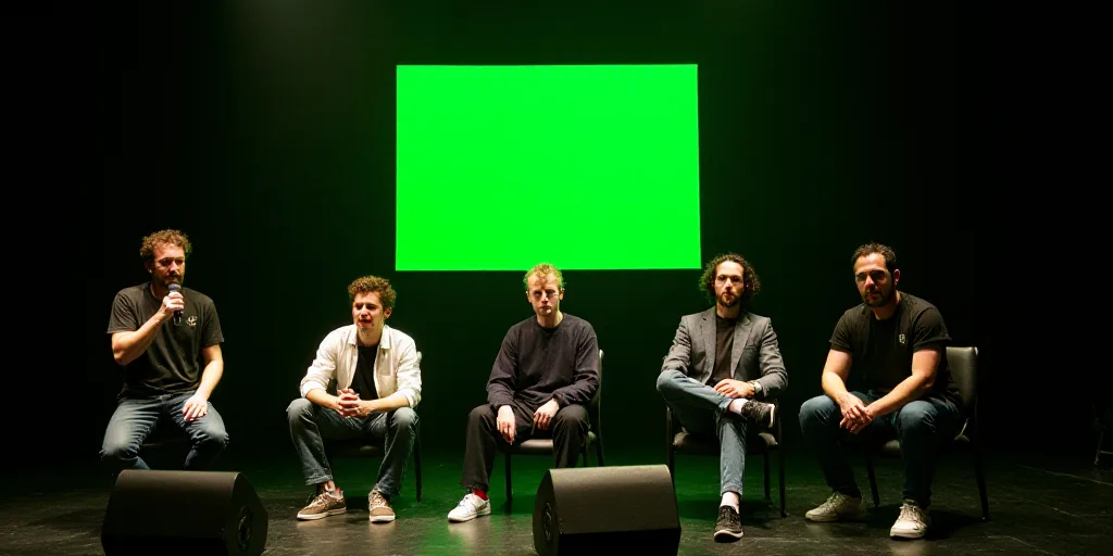a group of men sitting on a stage with microphones in their hands and a green sign behind them, Celi